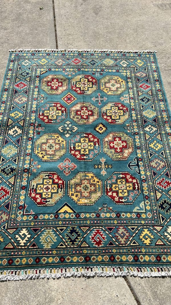 Area Rug, Blue Rug Handmade Afghan – Geometric Elegance 7x5