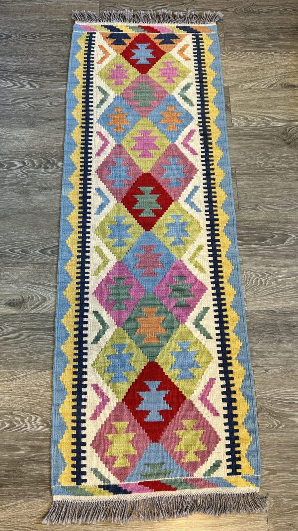 Colorful Wool Kilim Table Runner – 1.9x5.3 ft, Rustic & Bohemian Style