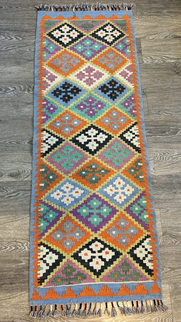 Colorful Wool Kilim Table Runner – 1.9x5.3 ft, Rustic & Bohemian Style