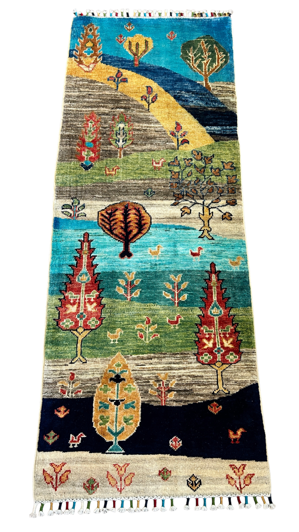 Nature, Flowers & Birds Design/ 2.1X5.77 Handmade Wool Runner Rug – Modern Boho Hallway Style