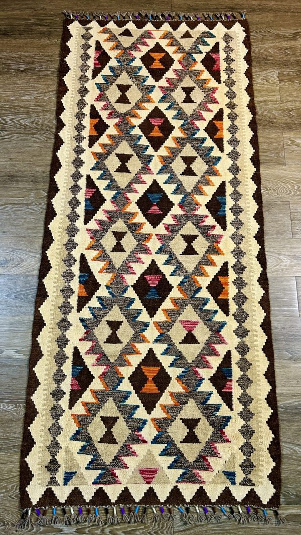 Afghan Handwoven Wool Kilim Runner – Tribal Geometric Design | 2.6x7.4 ft