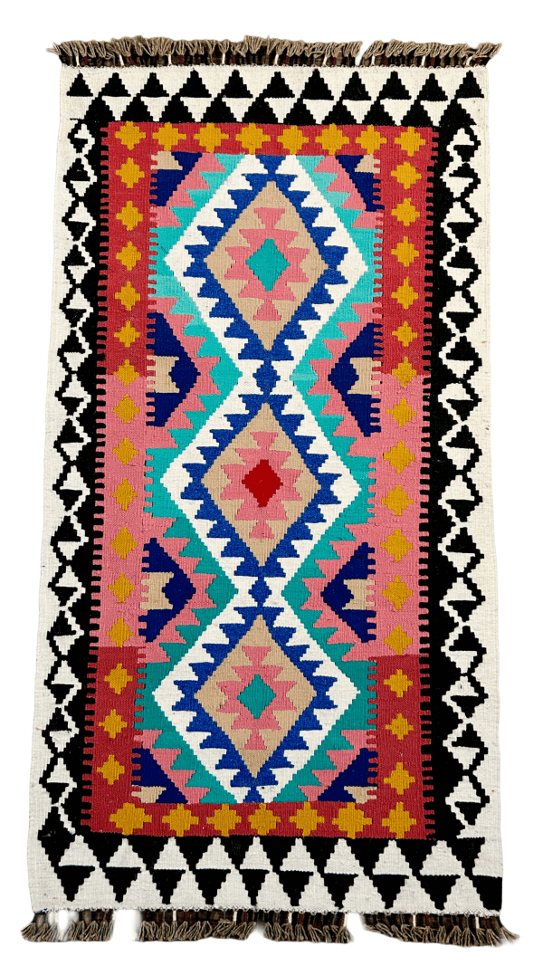 Handwoven Afghan Kilim Rug – 2’8” x 5’2” | Wool & Cotton Blend, Soft & Vibrant