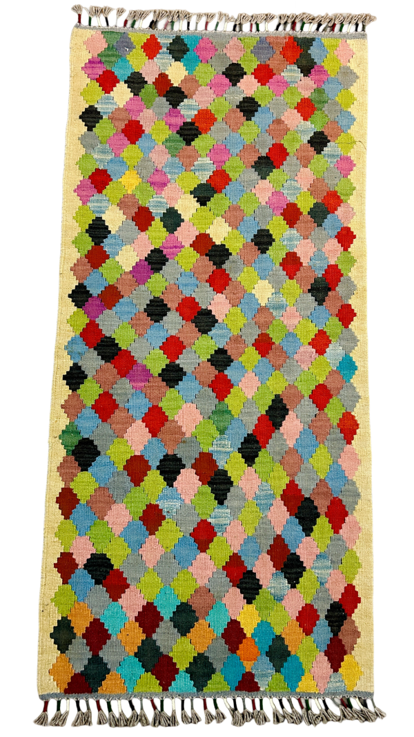 Handwoven Afghan Kilim Rug – Vibrant Tribal Geometric Wool Flatweave (2’8” x 5’2”)