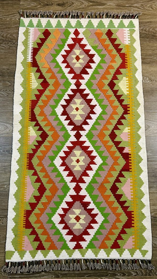 Handwoven Afghan Kilim Rug – 2’8” x 5’2” | Wool & Cotton Blend, Soft & Vibrant