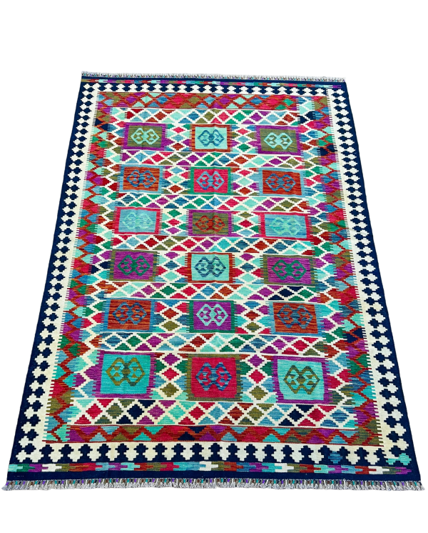 Afghan Handwoven Multicolor Kilim Rug – Tribal Geometric Wool Flatweave 6.7x10
