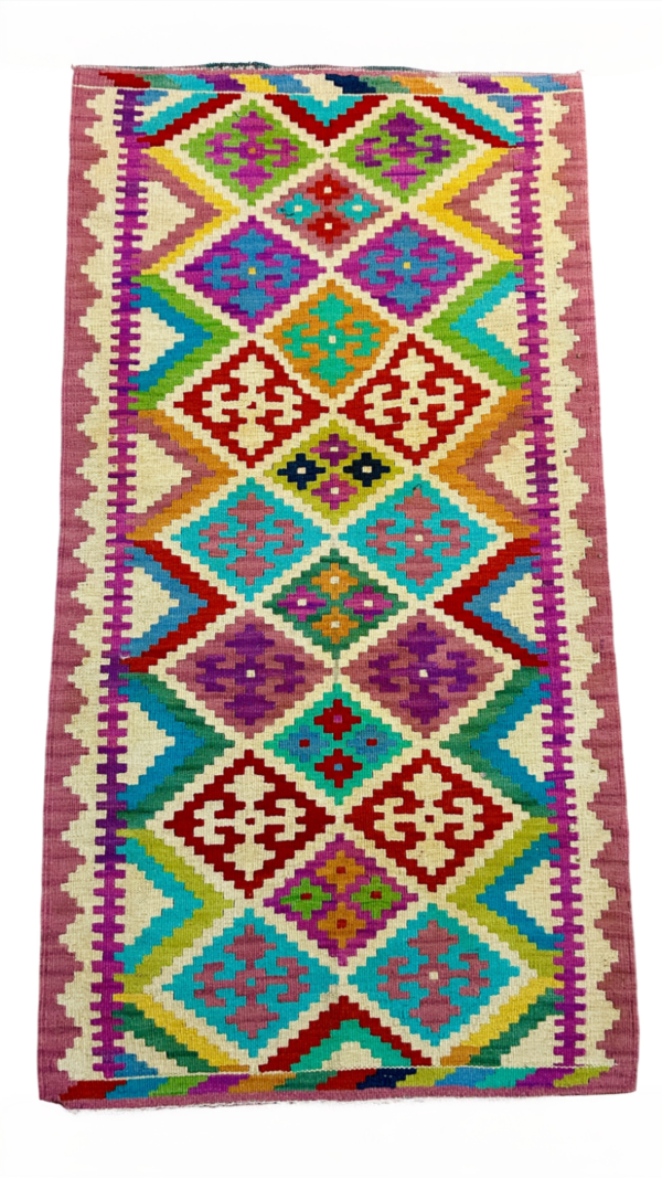Handwoven Afghan Kilim Rug – Vibrant Tribal Geometric Wool Flatweave (2’8” x 5’2”)