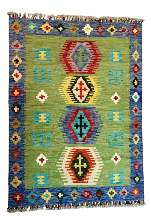 5x7 Handmade Kilim Rug, Southwest Tribal Design, Flatweave & Durable