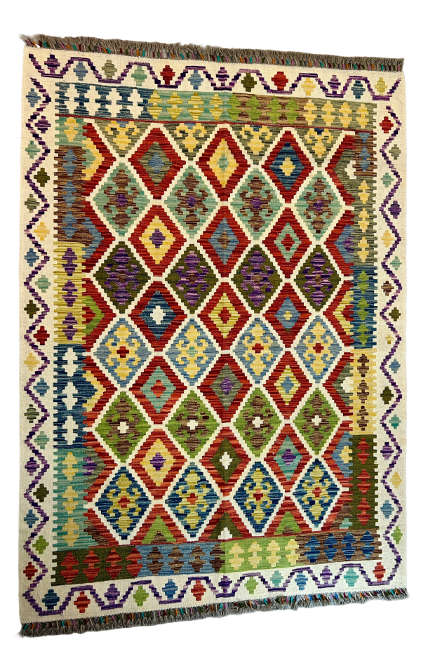 5'9"x8'7" Handwoven Afghan Kilim – Multicolor Tribal Diamond Pattern, Southwestern Design
