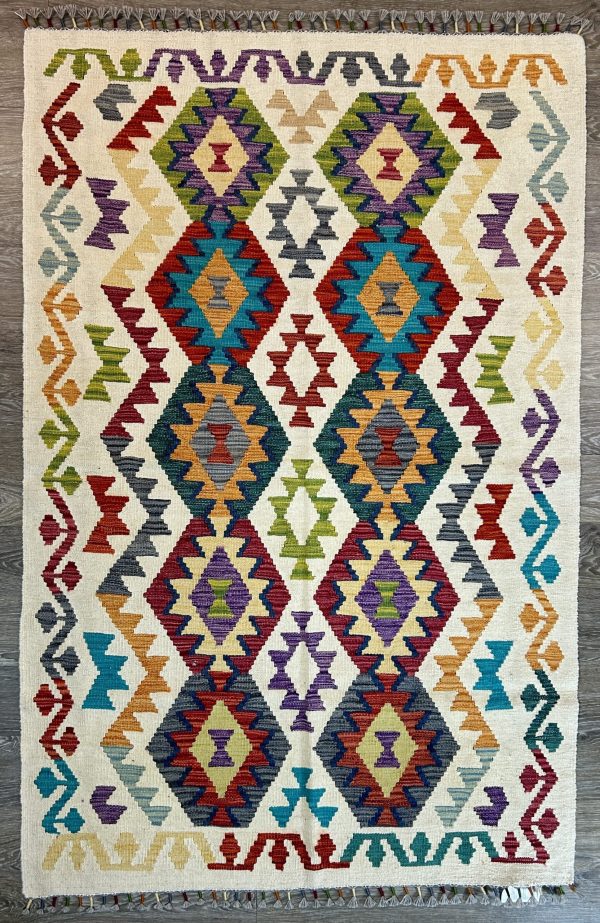 4x6'7" Handwoven Kilim Rug – Southwestern Style, Multicolor Tribal Diamond Weave