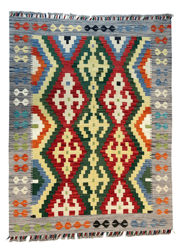 5x7 Handwoven Wool Kilim – Flatweave / reversible, Southwest Tribal Design, Durable