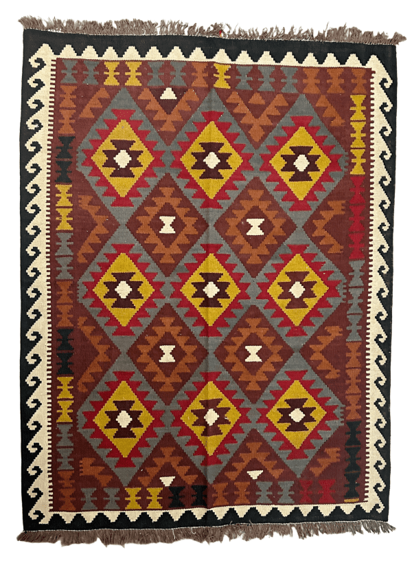 5x7 Handwoven Wool Kilim – Flatweave / reversible, Southwest Tribal Design, Durable
