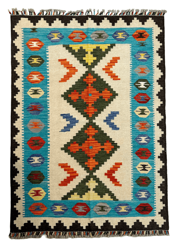4'4"x6'4" Handwoven Afghan Wool Kilim – Southwestern Tribal Geometric Rug (Reversible Flatweave)