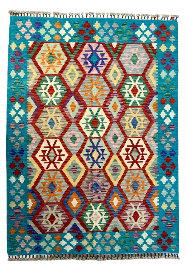 4'4"x6 Handwoven Afghan Wool Kilim – Southwestern Tribal Geometric Rug (Reversible Flatweave)