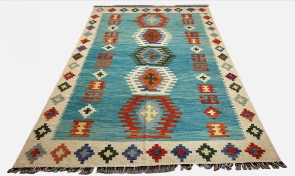 6'8"x10'6" Authentic Handmade Kilim Rug – Southwestern Geometric Wool Flatweave