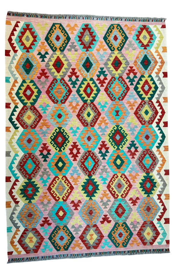 5'9"x8'7" Handwoven Afghan Kilim Rug– Pastel Diamond Harmony, Southwestern Design
