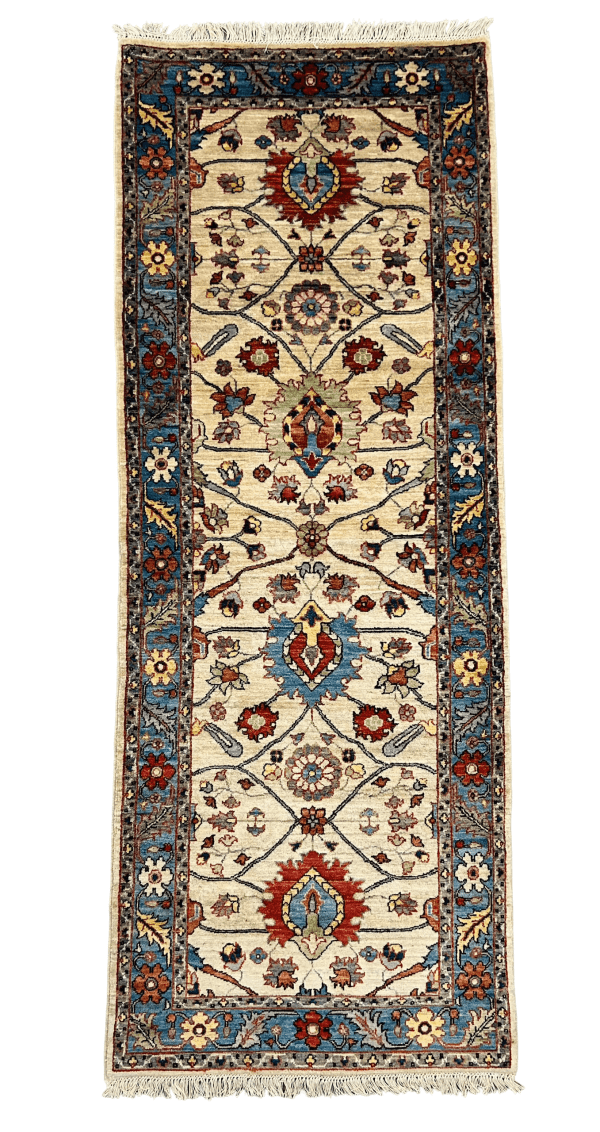 Persian Rug, 3x8'5" Handwove Runner, Ivory & Blue Floral Medallion, Vintage-Inspired Hallway Runner
