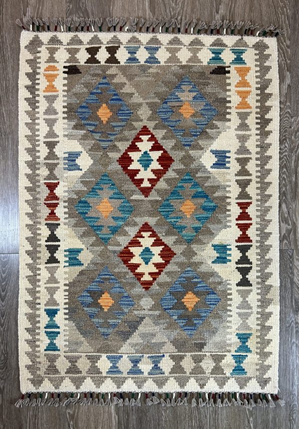 Handmade Kilim Rug, 3x4'3", Flat weave, Reversible, Durable and Washable