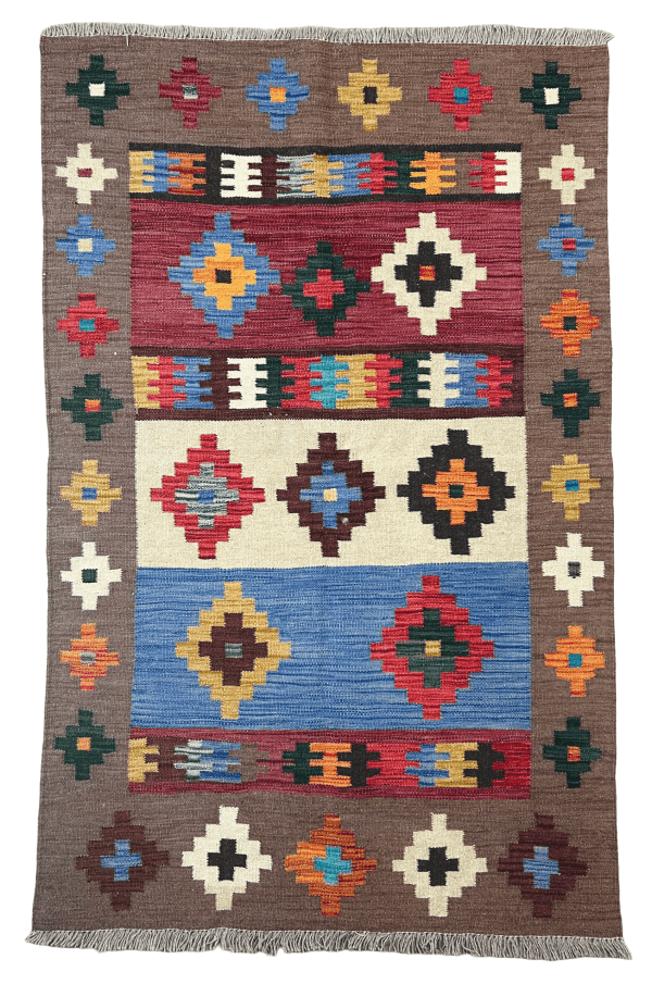 Handmade Kilim Rug, 4’3”x5'6", Flat weave, Reversible, Durable and Washable