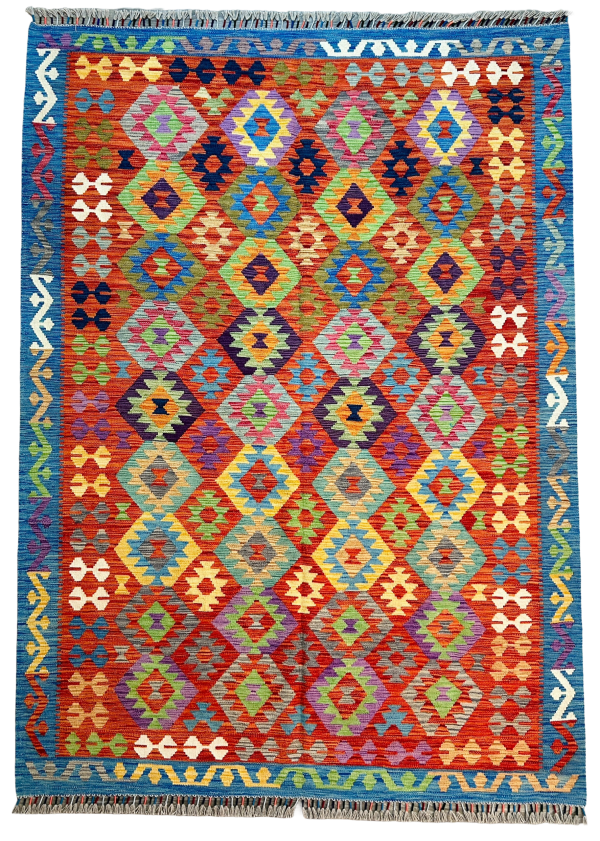 Rainbow Prism Diamond Kilim Rug, (8’4”x6), Flat weave, Reversible, Durable