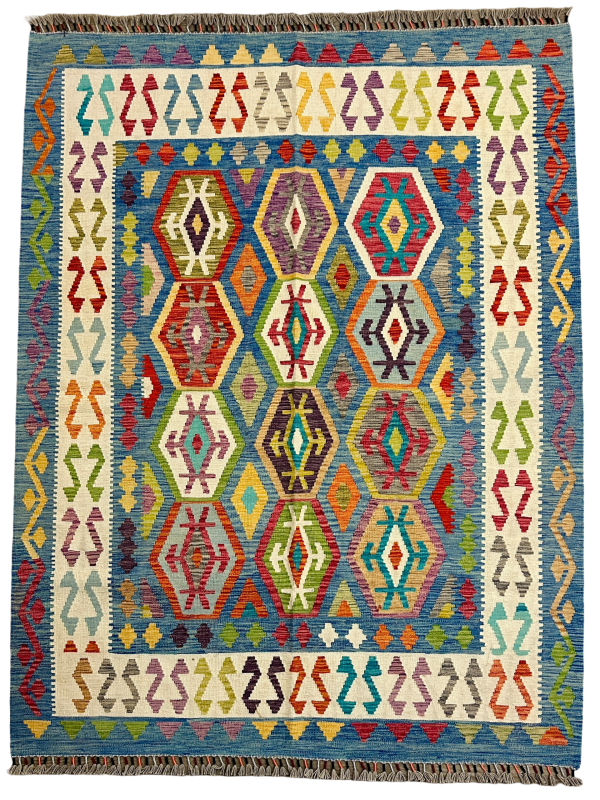 Aurora Hex Pattern Handwoven Kilim Rug, (8x6) Flat weave, Reversible & Durable
