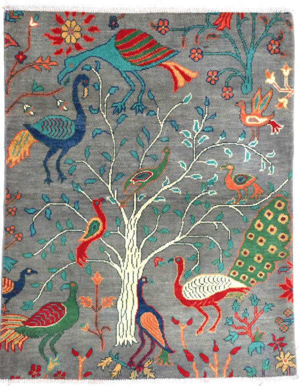 Handwoven Afghan Tree of Life Rug (4'3"x3'3" ft), Whimsical Garden of Birds