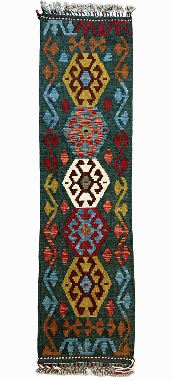 Boho Tribal Diamond Kilim Runner (1'11"x7) – Handmade Afghan Wool Rug