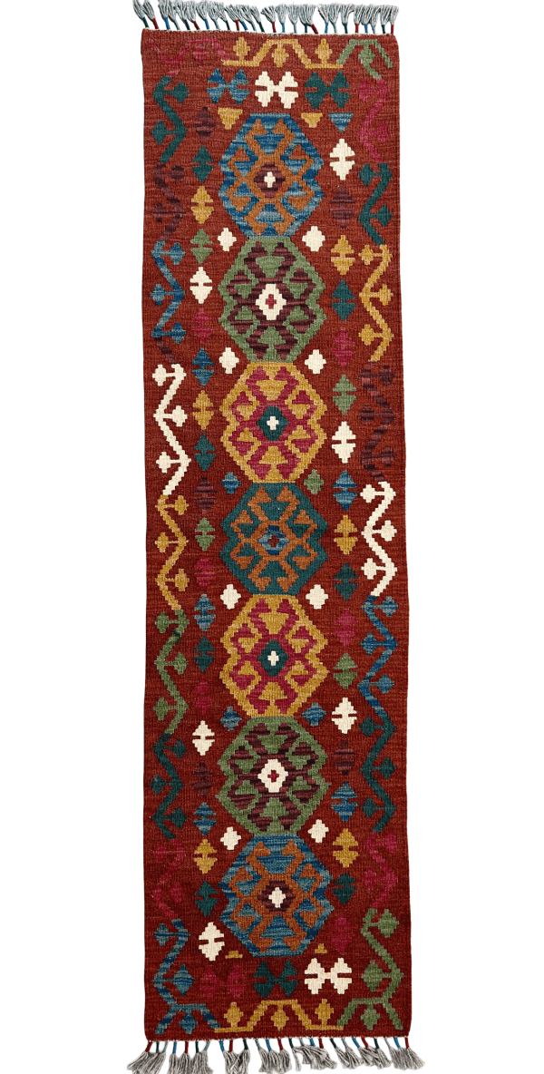Vintage Style Afghan Kilim Runner (1'11"x7) – Handwoven Tribal Wool Rug for Hallway & Entryway