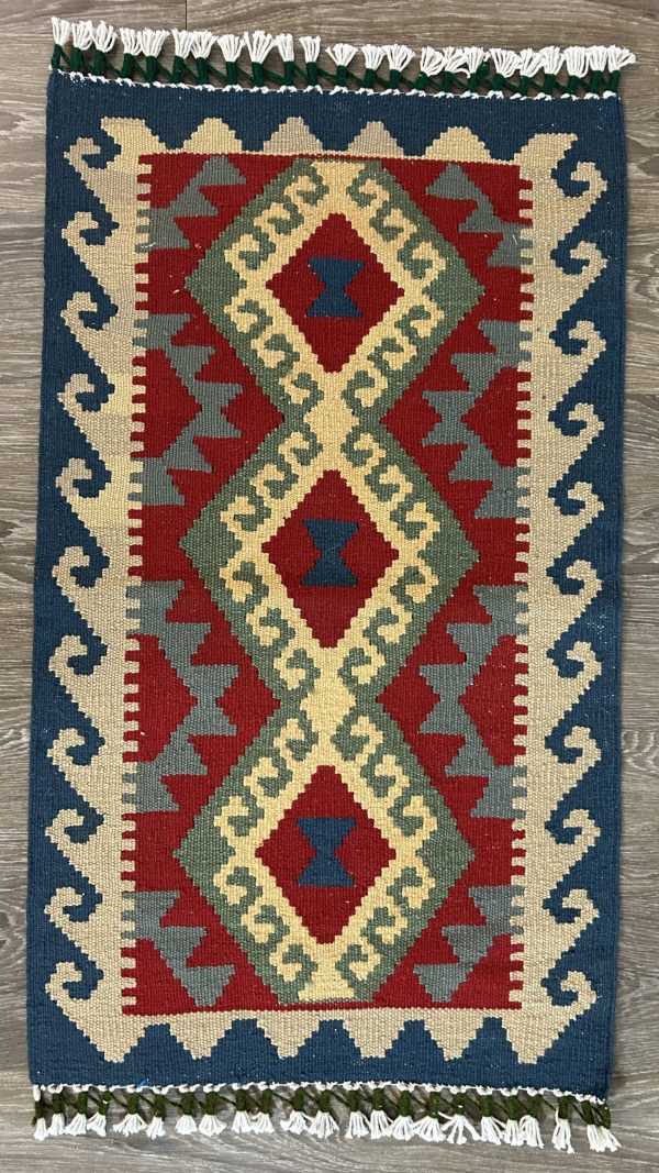 Vintage Style Kilim Rug 2x3 – Blue border Handwoven Wool Accent Rug