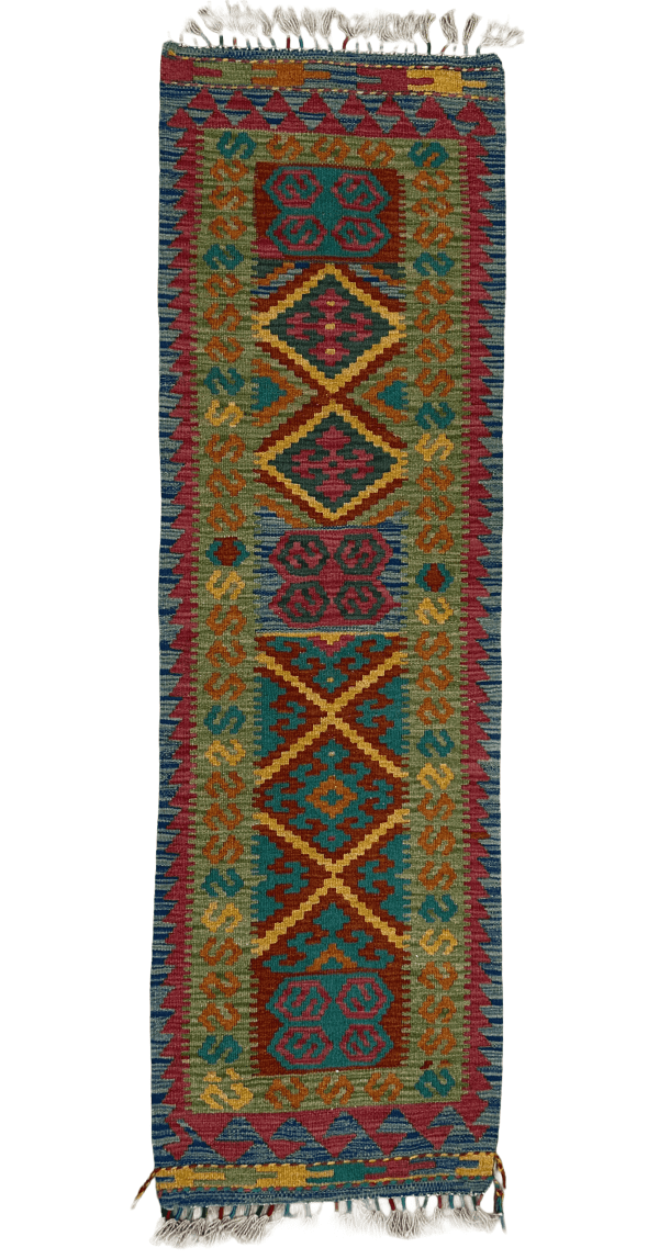 Handmade Kilim Runner Rug (2x7 ft), Colorful Tribal Wool Hallway Runner