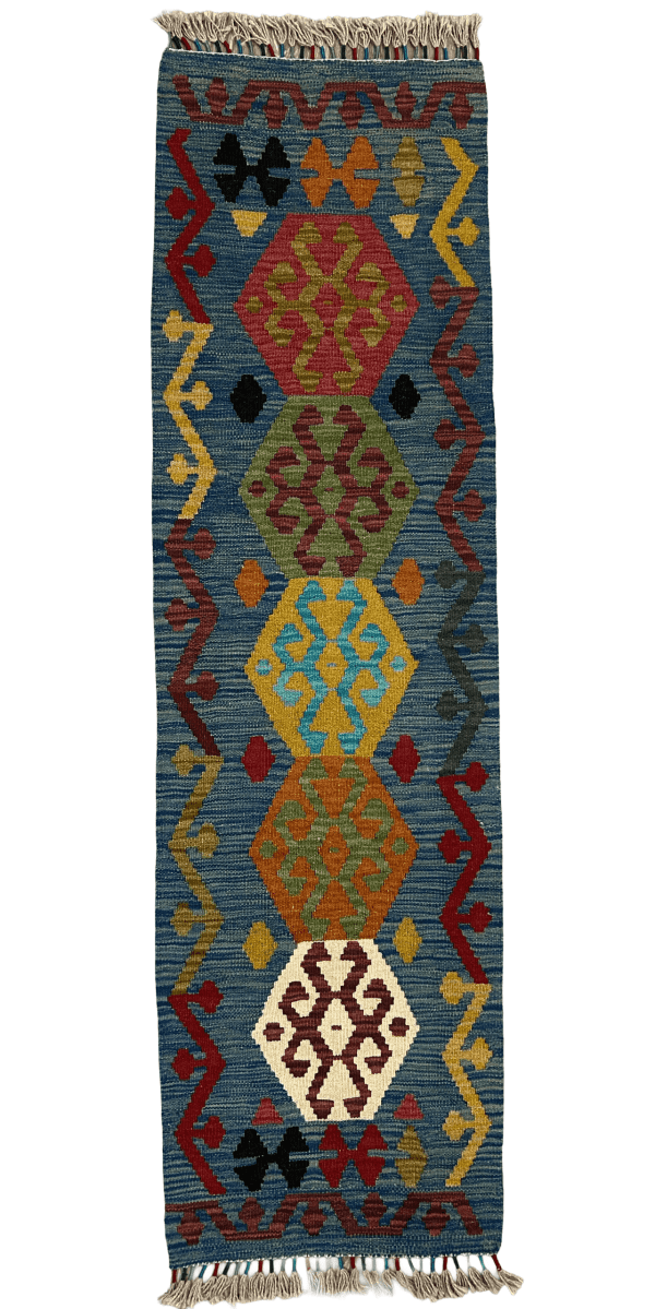 Handmade Kilim Runner Rug (2x7 ft), Blue color, Flat-weave, Unique Patterns