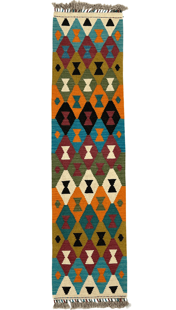 Diamond Pattern Boho Kilim Runner (2x7 ft)– Handwoven Wool Tribal Design for Hallway