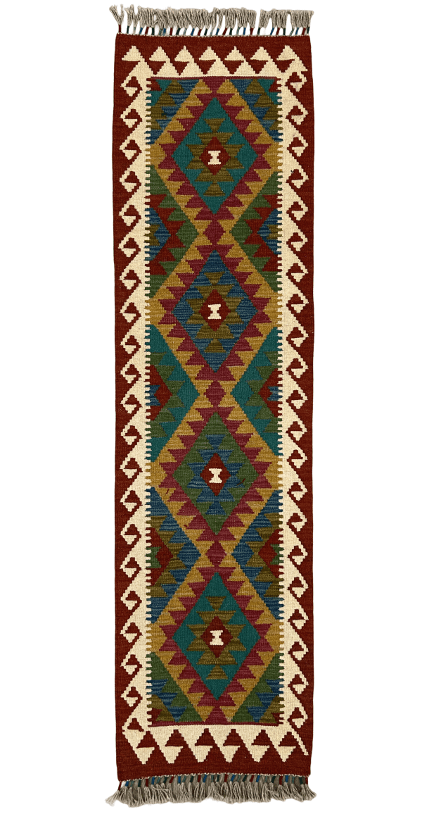 Handwoven Kilim Runner (2x7 ft)– Unique Geometric Design, Reversible