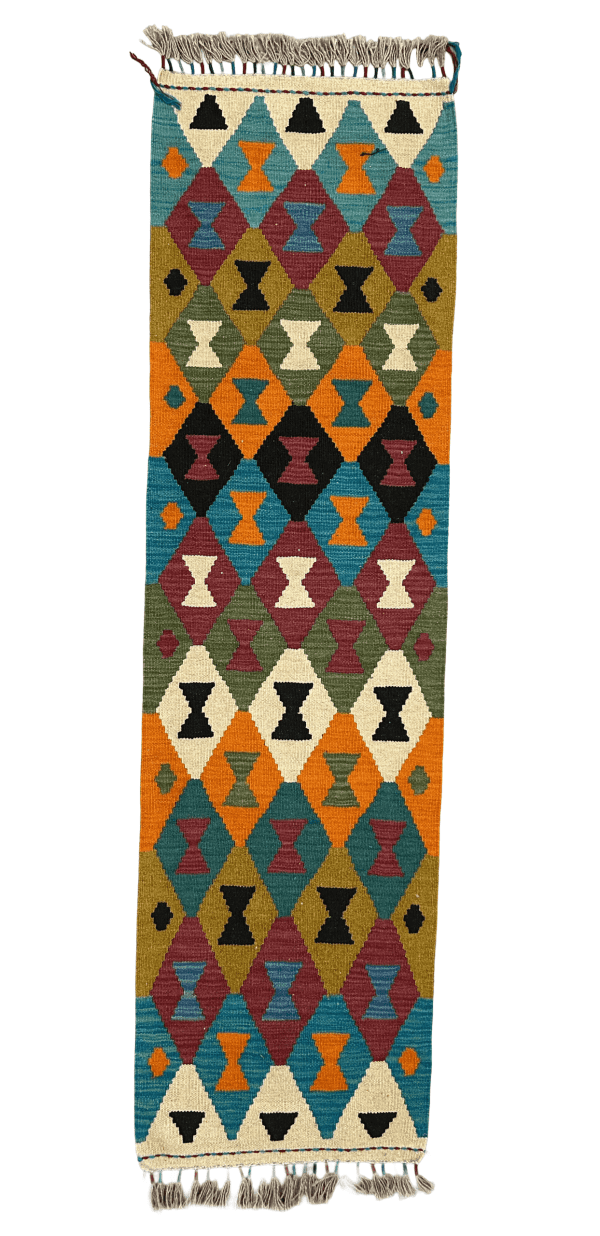 Handmade Kilim Runner Rug (2x7 ft), Diamond Shape, Flat-weave, Reversible