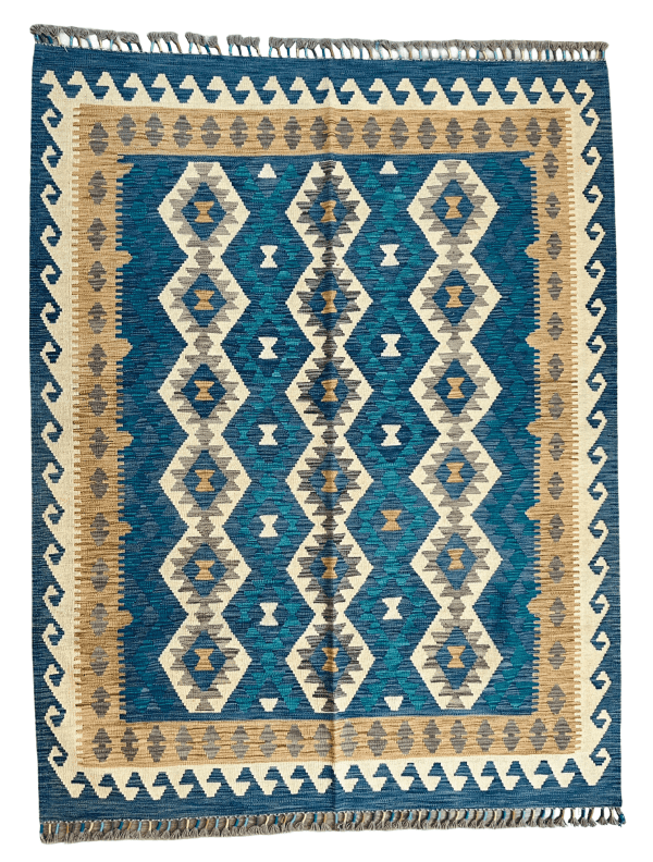 Blue Kilim Rug (5'x7')– Handwoven Wool Geometric Pattern, Flatweave