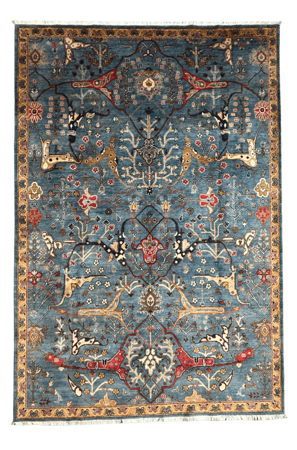 Authentic Blue Handmade Rug 7x10 – Natural Dye & Unique & Floral Design, Large Afghan Rug
