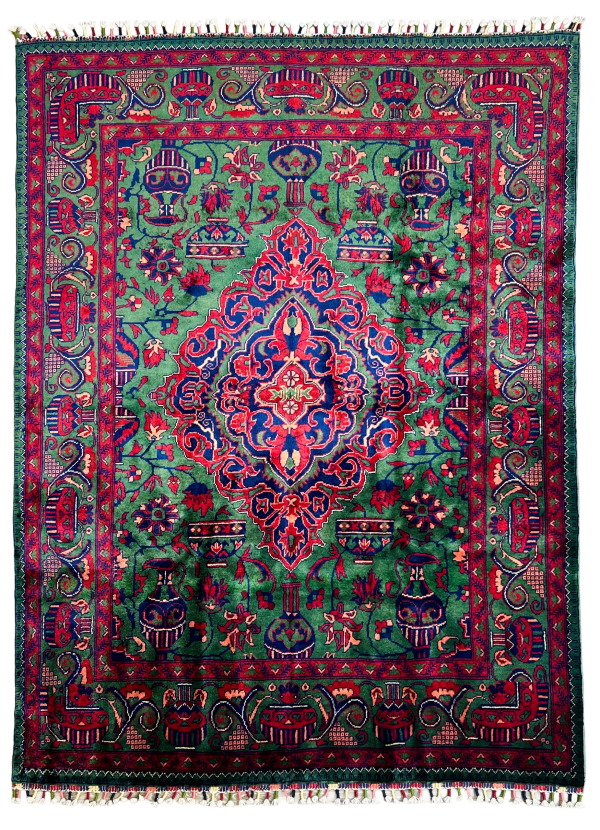 Authentic Handmade Wool Rug 5x7 – Silk-Like Softness & Natural Dyes, Green & Red Design