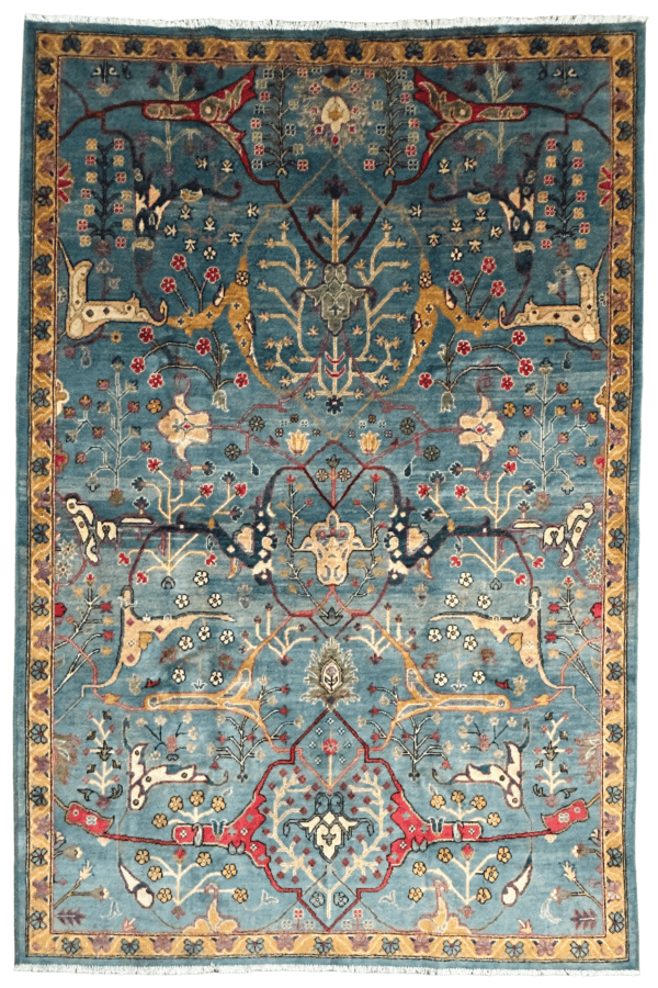Blue Sky Handmade Afghan Wool Rug – 6×9'3" |Traditional Garden Design | One-of-a-Kind
