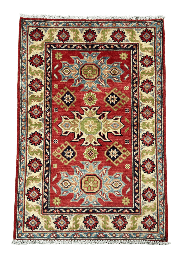 Authentic Handwoven Afghan Rug, 2'8"×4'3", Traditional Red Kazak Design Rug