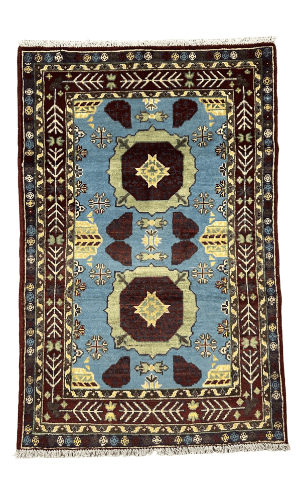 Sky Blue Handmade Wool Rug, 2'8"×4'3", Traditional Afghan Design