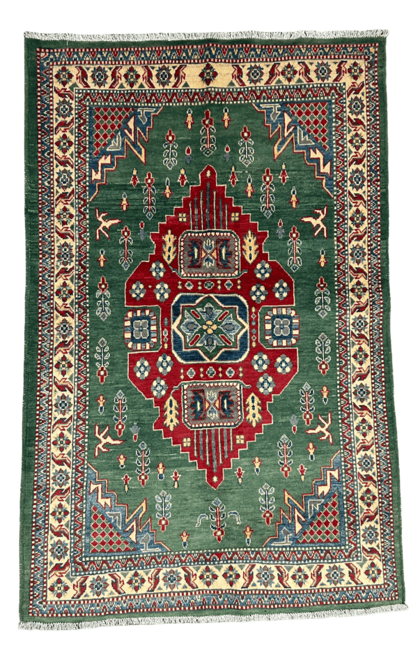 Handmade Green Tribal Area Rug, (4'×6'4"ft), Authentic Afghan Wool Rug