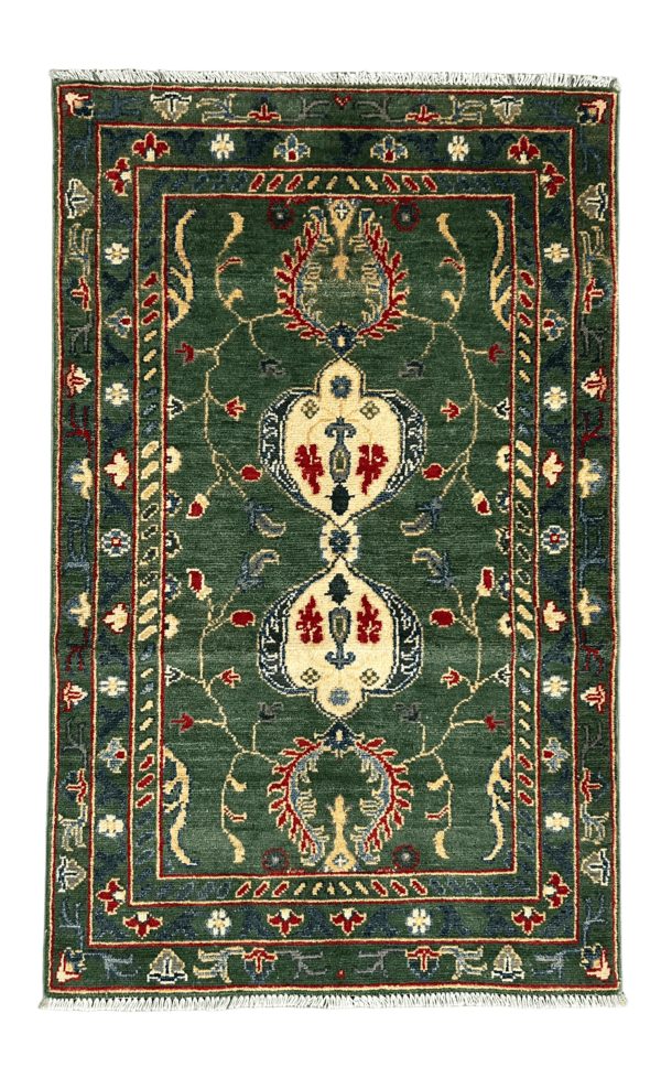 Traditional Handmade Green Kazak Rug (2'8"x5'3" ft) | Soft & Durable
