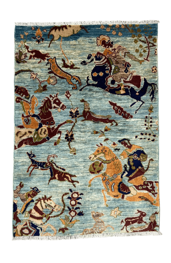 Hunting Scene Handmade Rug (3'×4'3") Sky Blue, Authentic Afghan Wool rug