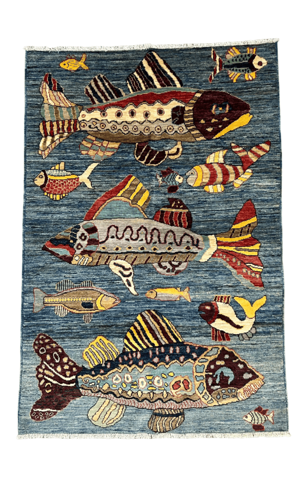 Blue Ocean Handmade Afghan Fish Design Wool Rug – 4'×6' | Artistic Hand-Knotted Area Rug