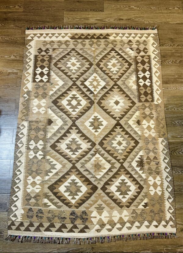 Handmade Kilim Rug – 5x7 Authentic Afghan Wool Kilim, Tribal Geometric in Earth Tones