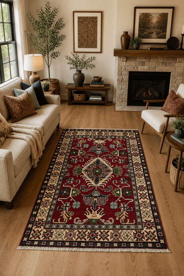 Crimson Bloom Heritage Rug, (3'7"×5')Handmade Afghan Wool Rug