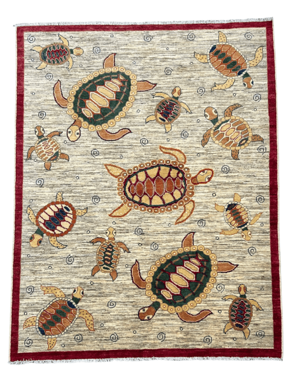 Ocean Turtles Handmade Rug (5'2"x6'7"), Authentic Coastal Turtle Garden Wool rug