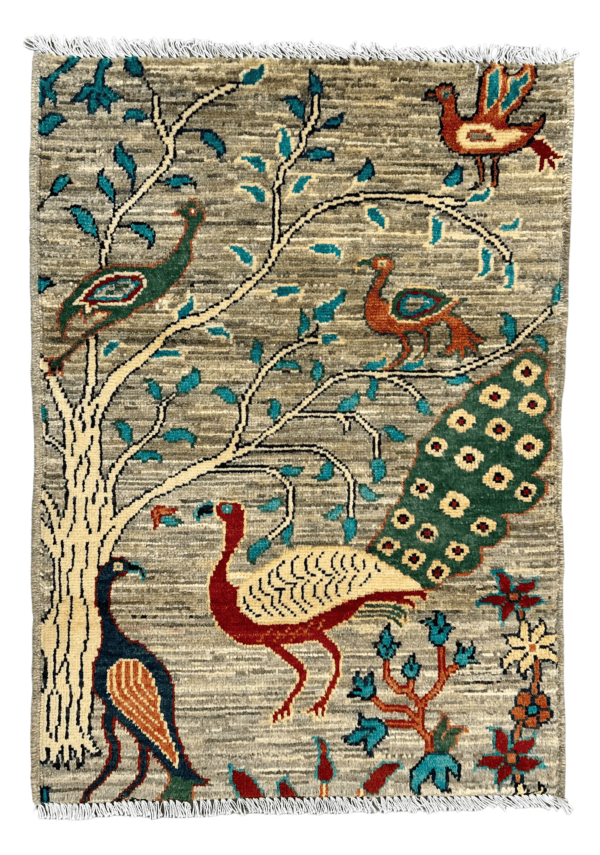 Bird & Peacock Handmade Rug – 2'2" x 3' branches, leaves, and floral Design