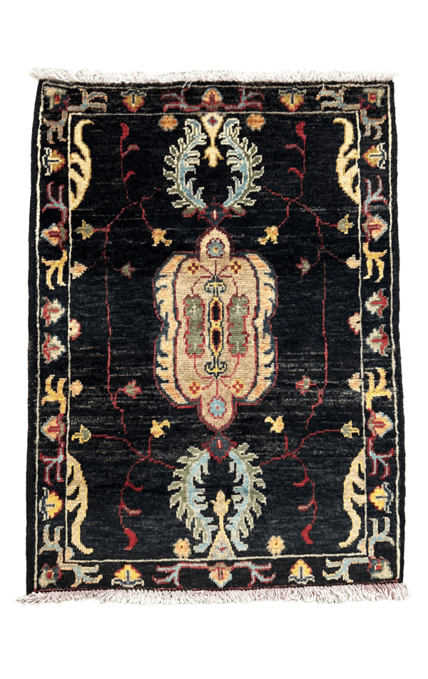 Vintage Black Afghan Rug – Handmade Floral Medallion | 2'3" x 3'