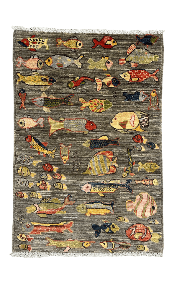 Fish & Folklore – (2'9"×4') Hand-Knotted Afghan Wool Fish Pattern Rug