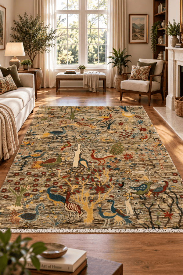 Golden Garden | Handwoven Wool Rug 5’8” × 7’8”, Birds, Tree design
